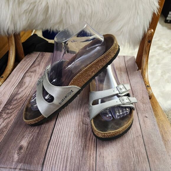 Birkenstock Silver Slide Sandals with‎ Cork Footbed Sz L9 M7 - Picture 1 of 13